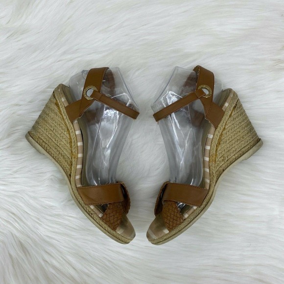 Sperry Women's Open Toe Espadrille Rope Wedge Sandals Size 8.5 Brown Tan Leather - Picture 1 of 8